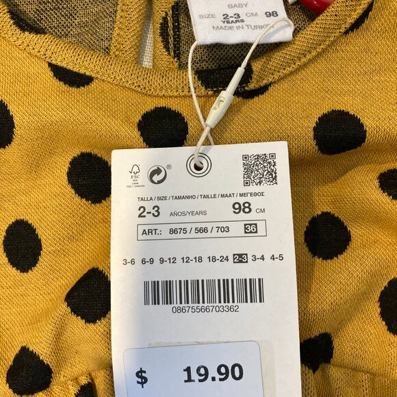 Zara NWT Kid Size 2-3 Long Sleeve Polka Dot Dress Knit High Waist Button Closure - Picture 4 of 4